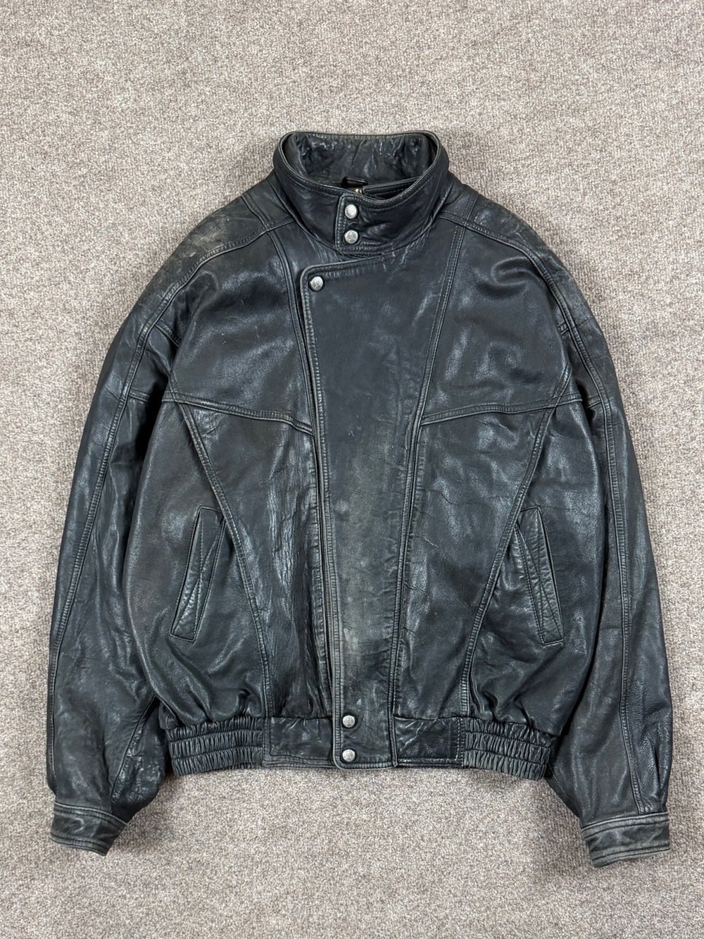 Vintage Black Leather Distressed Patina Bomber Jacket Men’s L 90s Funnel Neck